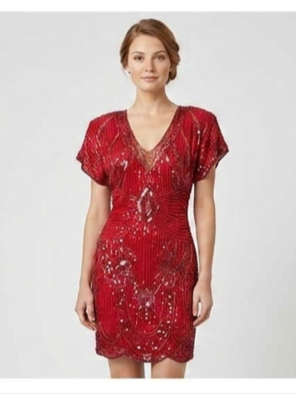 1980s SCALA Women's Size M Red Short Sleeve Floral Beaded Cocktail Dress Event
